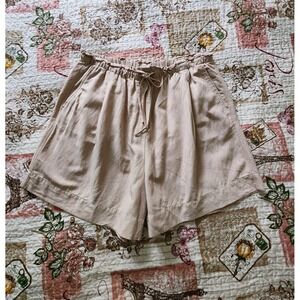Women's Linen Cotton Pull-on Shorts Drawstring‎ Pockets Beige Size L